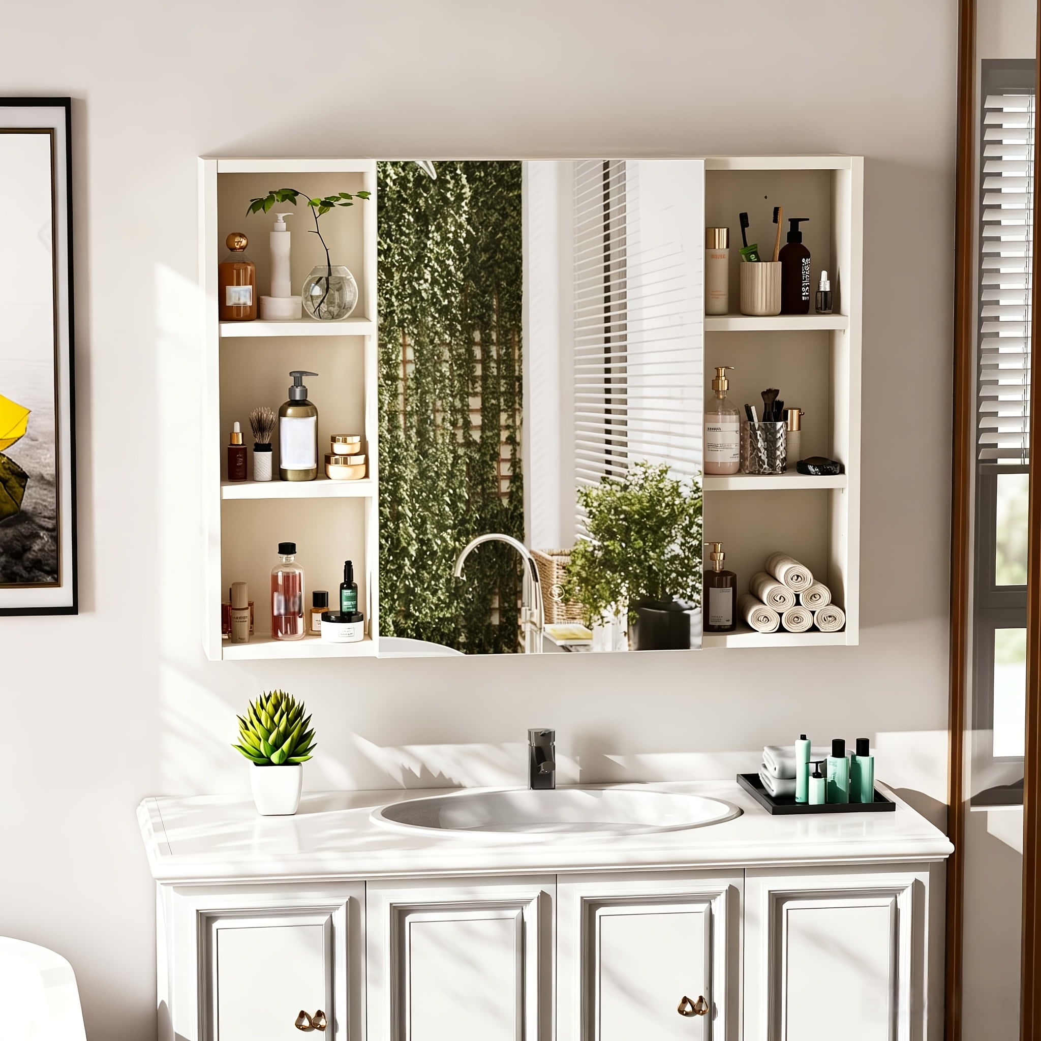 Image of Bathroom Mirror Cabinet Wall-mounted Bathroom Cabinet Wood With Hair Dryer Holder Storage Cabinet For Toiletries White