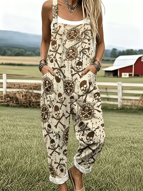 item picture halloween skull and red rose print overalls gothic style pocket loose fitting jumpsuit casual straight leg trousers