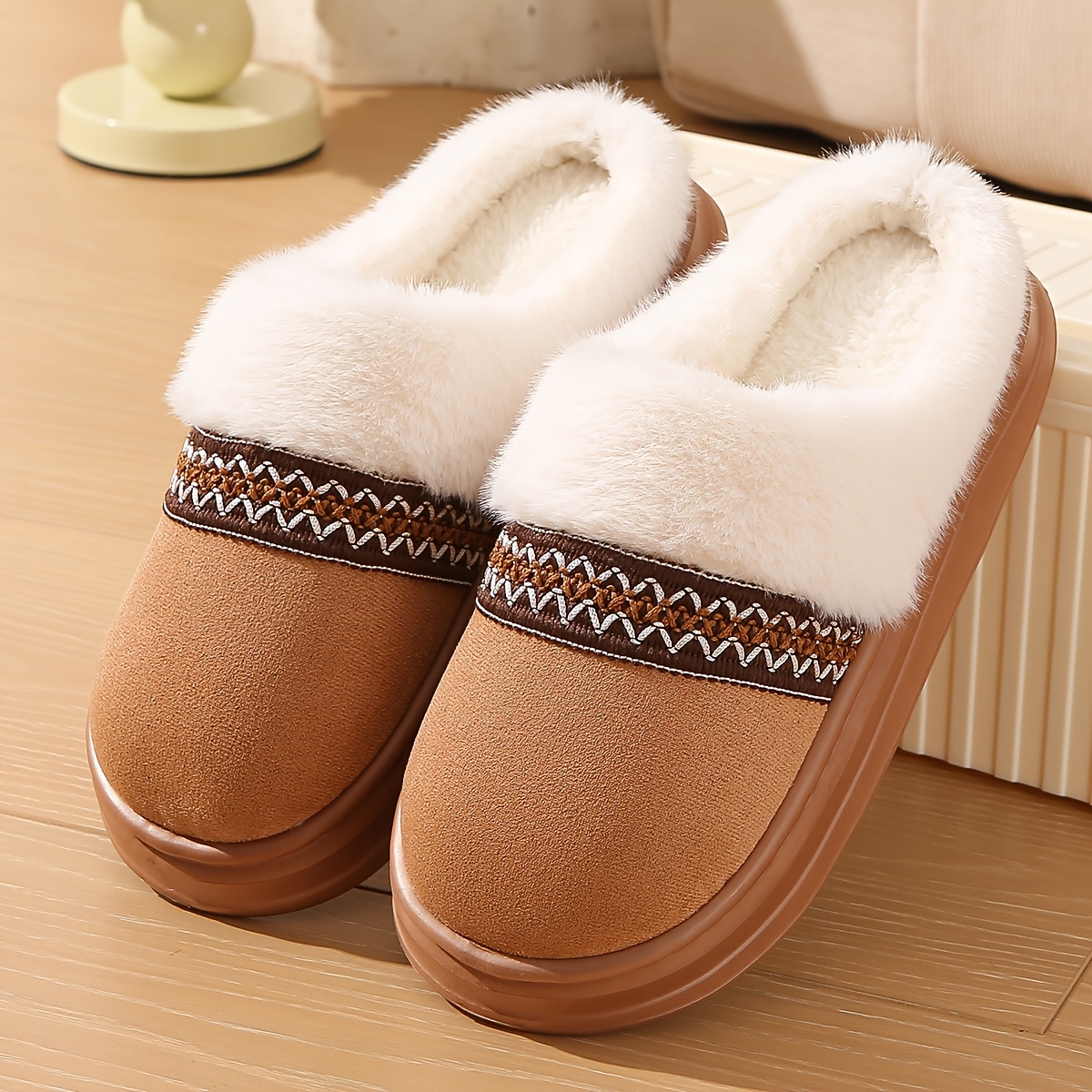 TEMU Autumn Winter New Women's Shoes Wide Toe Fluffy Slippers Indoor Home Daily Size Large Webbing Retro Women's Platform Warm Couple Shoes Wide Fit