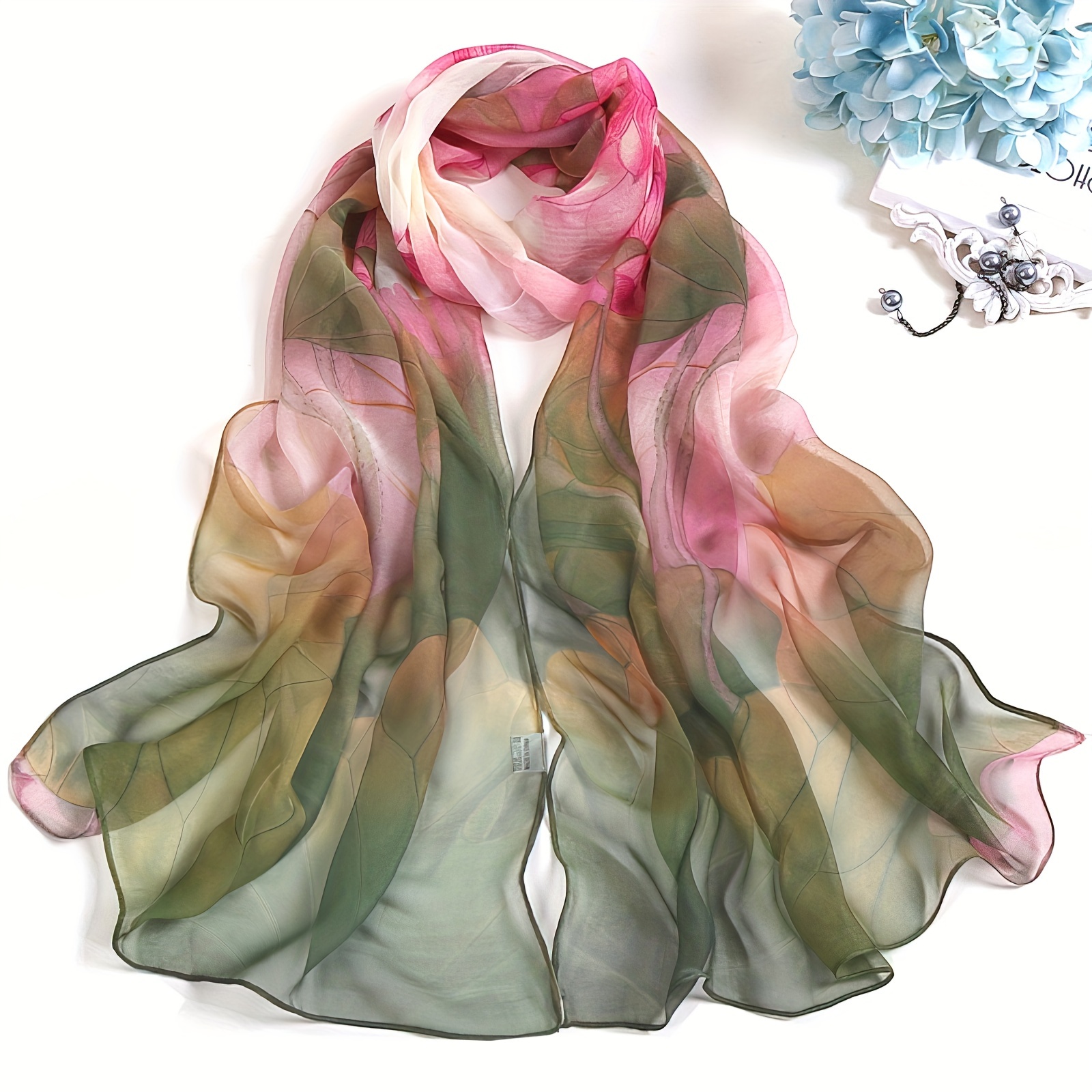 

Lotus Print Lightweight Scarves Cozy Shawl Elegant Style Windproof Sunscreen Travel Scarf