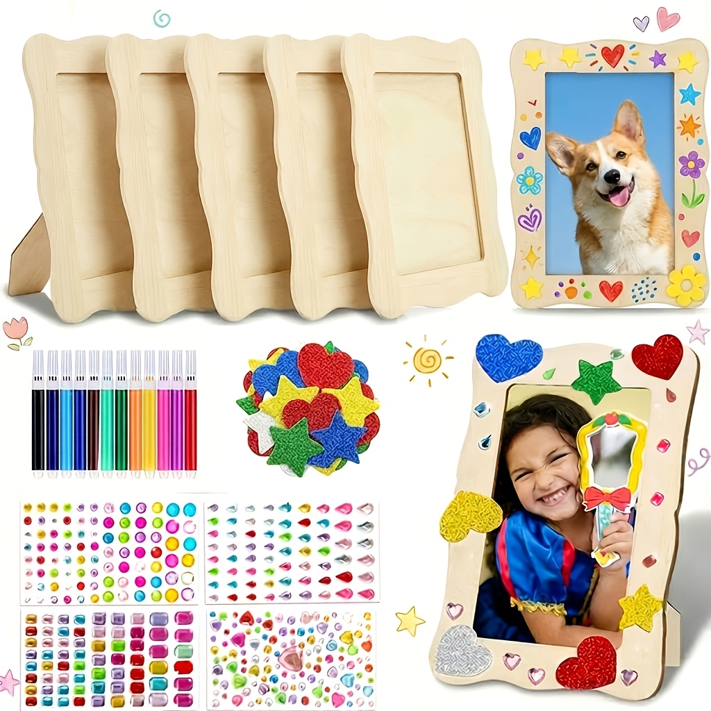 Image of 22pcs Photo Frame Craft Kit: Includes 5 Unfinished Wooden Photo Frames, 12 Mini Watercolor Markers, And Stickers For Your Own Photo Frames, Diy Wooden Photo Frames, Suitable For Home Decor