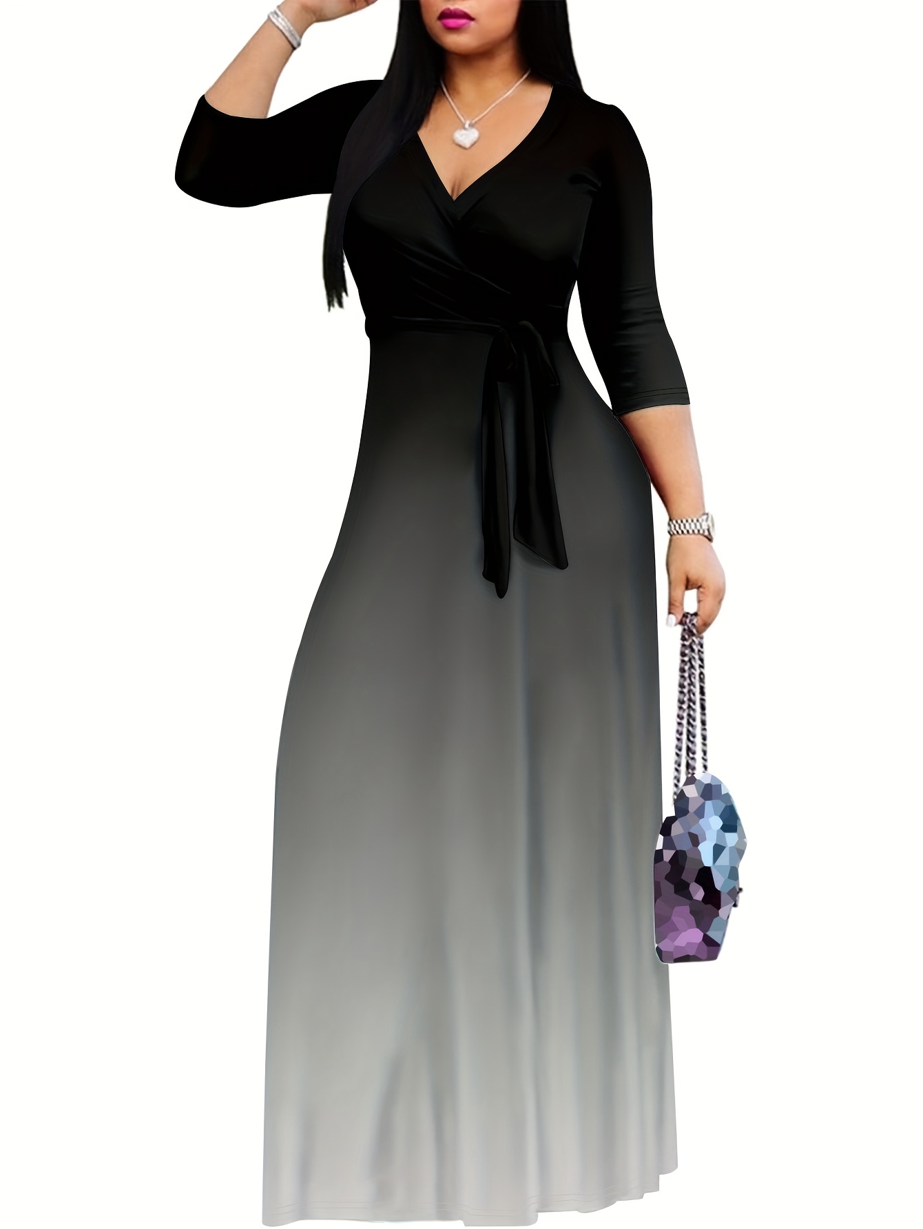 gradient color long sleeve a line dress elegant v neck tie - Temu
