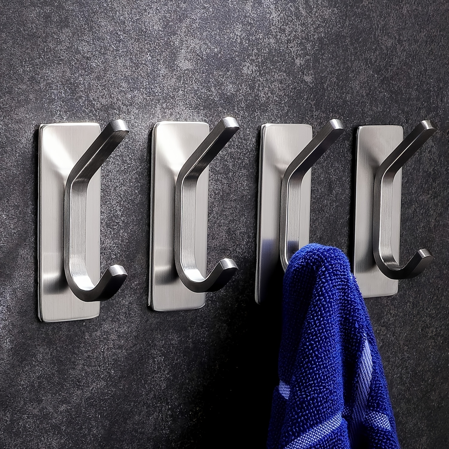 Image of 4 Pack - Bathroom Hooks Towel Hooks Wall Adhesive Hooks [punch-free Strong Backing] Over The Door Coat Hooks Robe Hooks Clothes Hooks Bathroom Additions Storage Hangers Brushed Stainless Steel