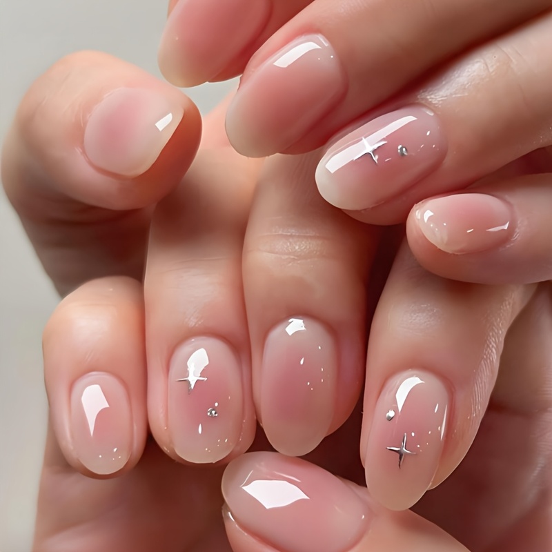 Oval Shape Press On Nails, Short Nails Press Ons Pink Ombre Fake Nails With Glitter On Nails Design Acrylic Artificial Nails False Stick On Nails For Women 24pcs