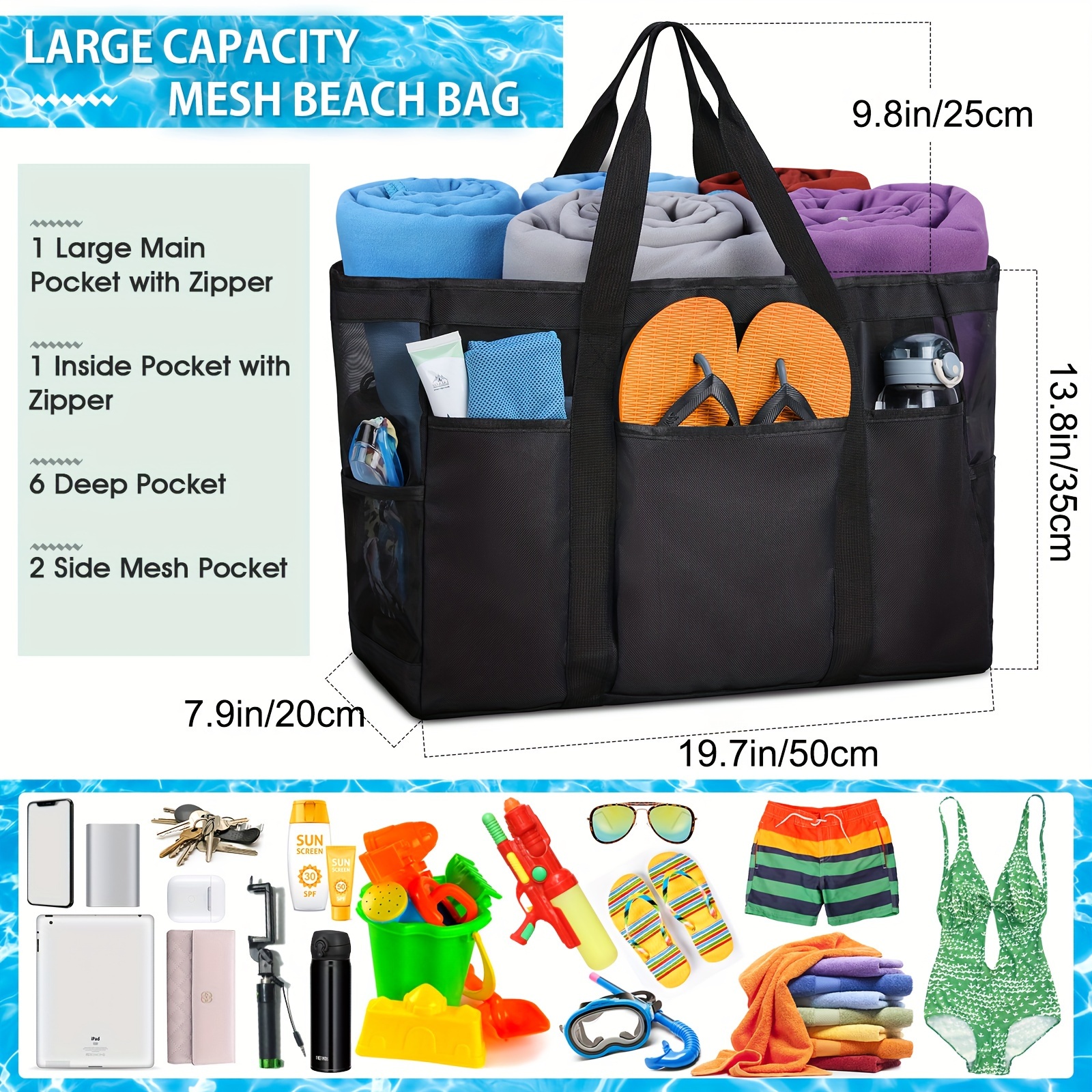 JUYANO Sac De Plage XXL 45L Femme - Pliable, Imperméable, Compartiment Sable - Pour Famille, Piscine, Voyage