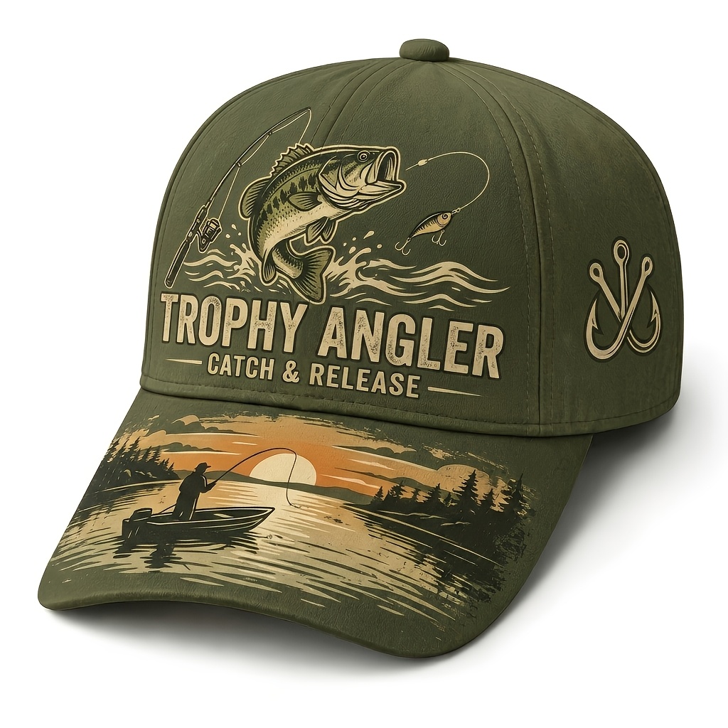 TEMU Casquette de pêche rétro pour homme et femme avec imprimé hameçon à achigan - Casquette de baseball légère et réglable adaptée aux sports de ,