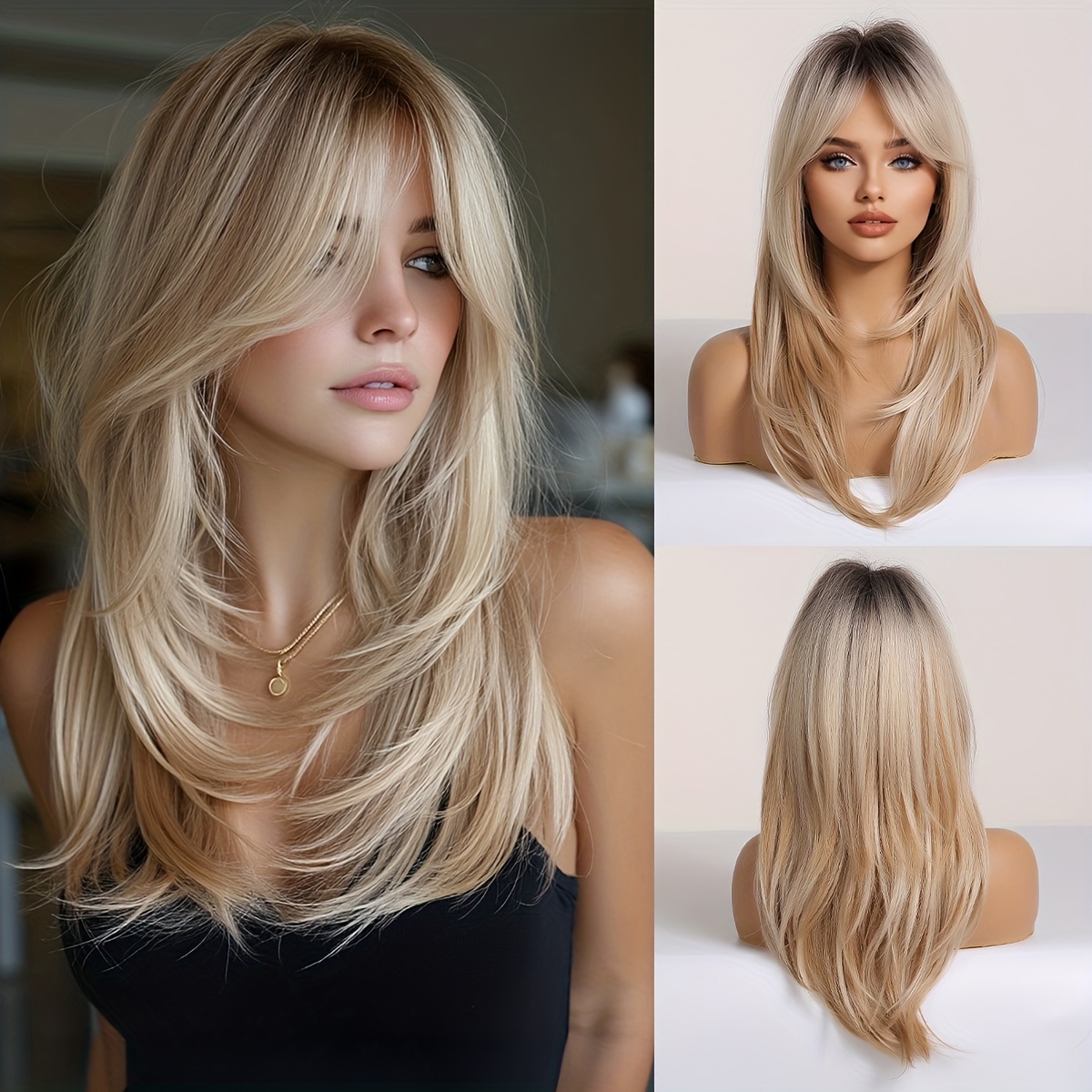 Image of 24 Inch Brown Mixed Dye Layered Long Straight Wig With Bangs | Soft Synthetic, High Temperature Fiber, Suitable For Daily Use, Gatherings, Halloween, Christmas, Music Festivals And Other Occasions