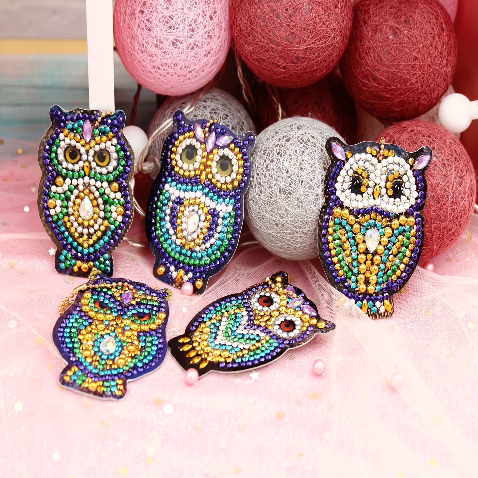 

5 Pcs Diamond Art Diy Handmade Mosaic Point Drill Cartoon Cute Animal Series Keychains With Owl Design - Perfect For Hanging On Bags Or As A Gift - Diamond Painting Kit With Pet Material