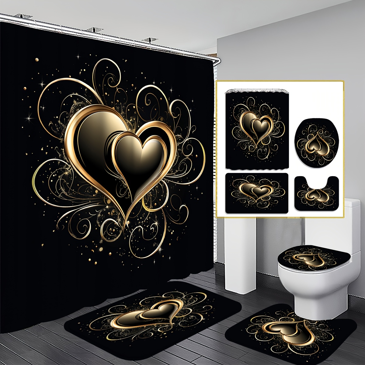 TEMU 4pcs 2d Flat Shower Curtain Set, Luxe Bathroom Decor, Accessories With Bath Mat, U-shaped Mat, Toilet Lid Cover, 12 Hooks 180x180cm Curtain, ,