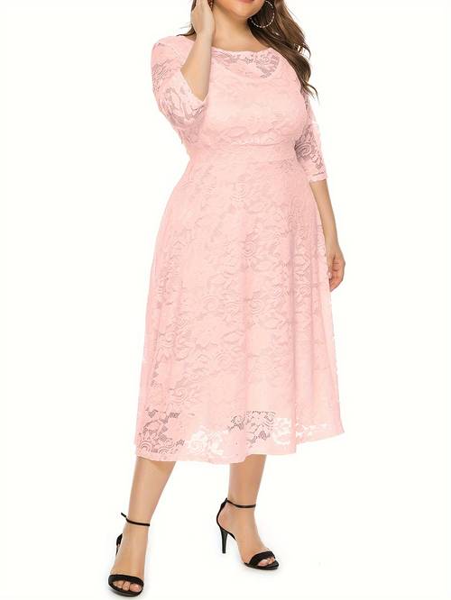 plus size guipure lace pocket dress elegant solid color crew neck half sleeve dress for spring summer womens plus size clothing