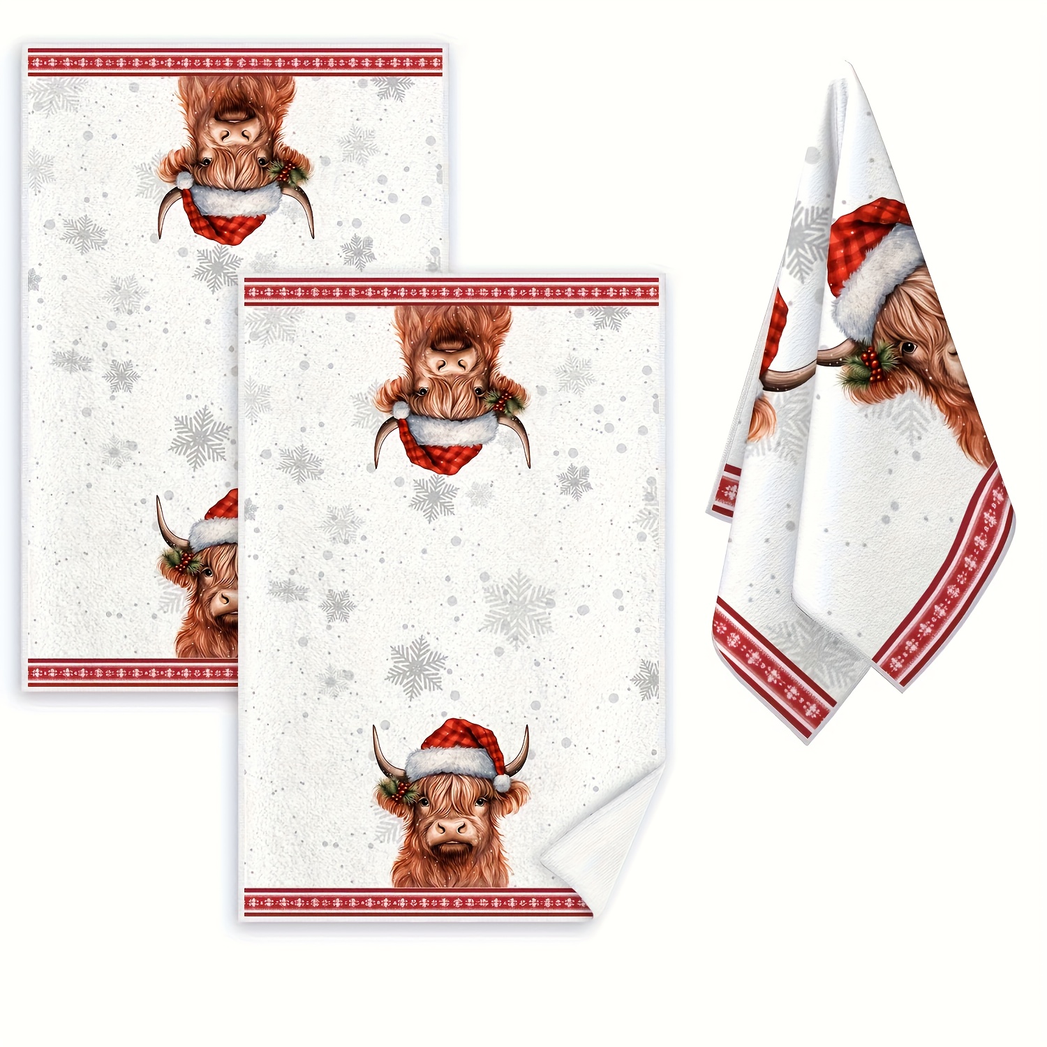 TEMU Set Of 2 Festive Highland Cow Christmas Kitchen Towels, Absorbent Polyester Dishcloths, Featuring A Cartoon Theme, , Machine Washable,