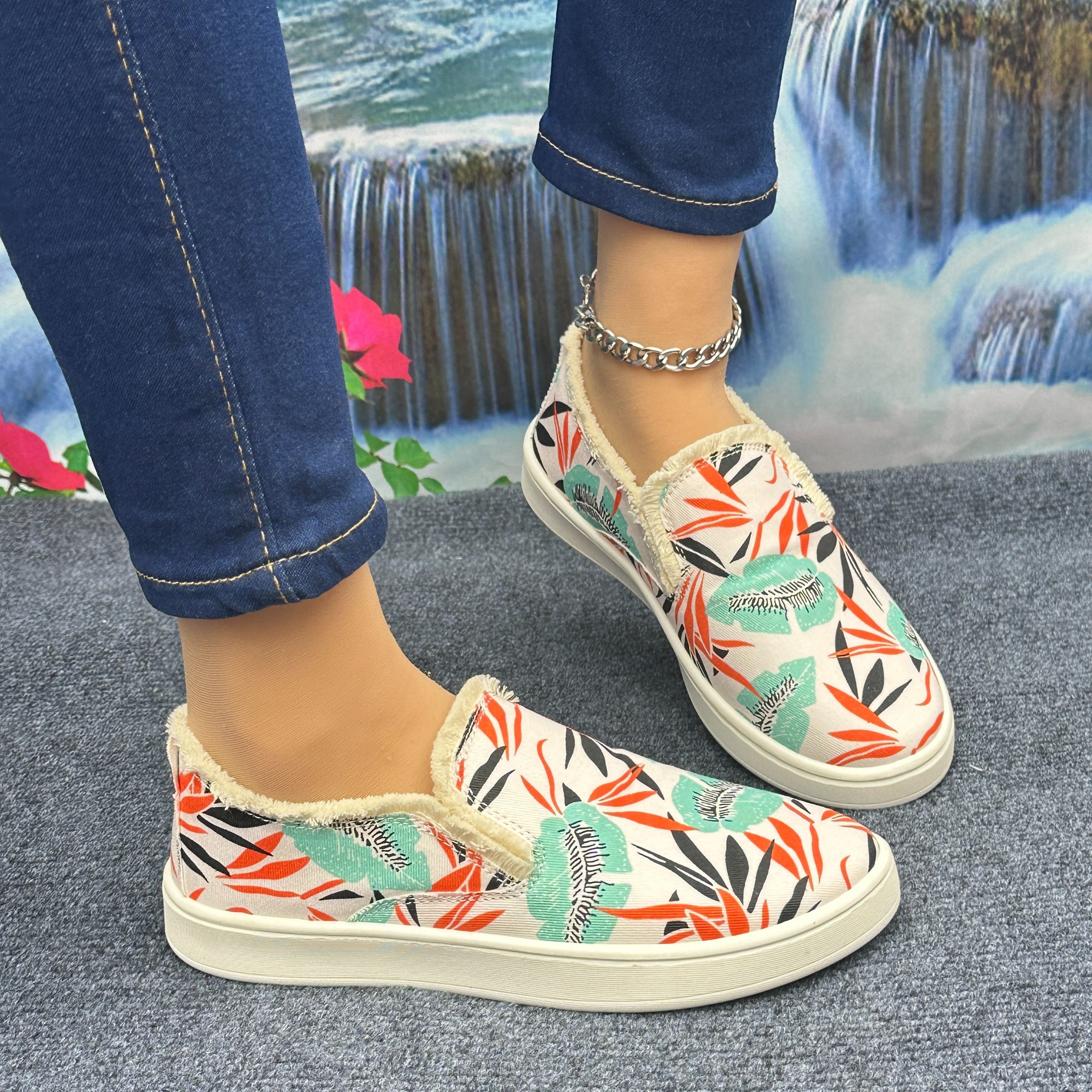 Women's Floral Print Canvas Shoes, Slip On Lightweight Soft Shoes,  Low-top Casual Shoes