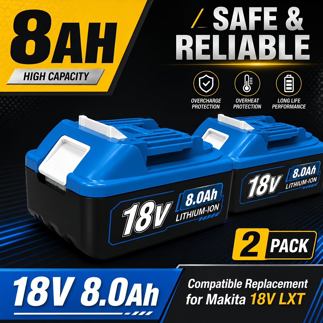 TEMU 2/1 Pack 18v 8.0 Ah Battery, Suitable For Makita Lithium-ion Battery Replacement, Models Bl1860b, Bl1850b, Bl1840b, Bl1830b, 194205-3, -400,
