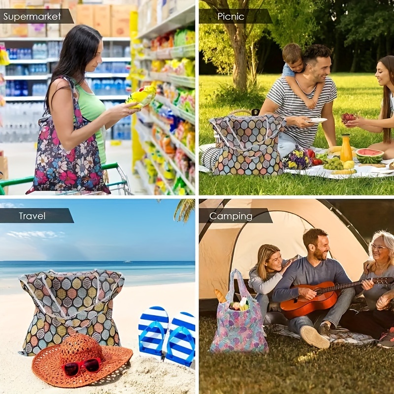 20+ pungi mari pliabile cu   - geantă de umăr și mână din poliester   cu mai multe compartimente, mânere puternice și închidere cu fermoar pentru cumpărături, plajă, călătorii, depozitare - modeluri florale   (20 opțiuni), geantă de plajă, geantă versatilă, buzunare decorative, material ușor de curățat 3