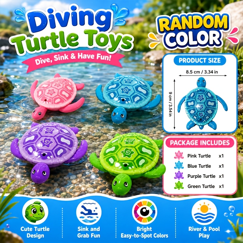 TEMU Lot de 4 jouets de plongée tortue, jouets de natation et de plongée sous-marine de couleurs aléatoires, adaptés aux jeux de piscine d'été pour