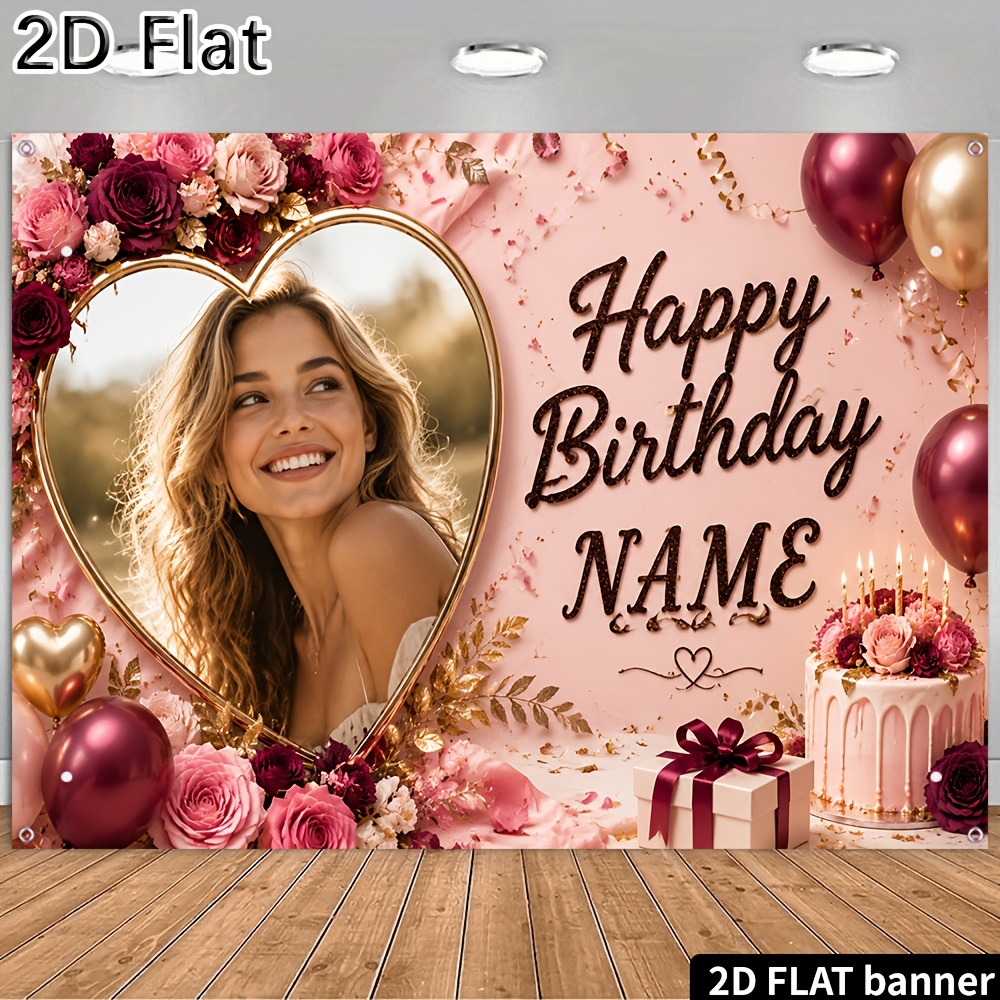 TEMU 2d Flat, [2d Plat] 1pc Party Banner Custom Photo Name Happy Birthday Themed Photo Backdrop With Balloon Cake Gift Pattern For Birthday
