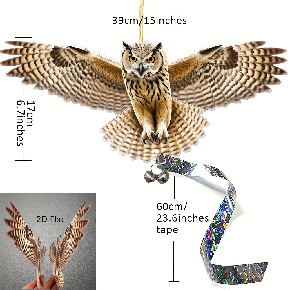 E-shop Neu gestalteter 39 cm Vogelscheuche-Eulen-Ornament mit 2 Glocken 60 cm reflektierendem Streifen, bietet verbesserte Vogelabwehr zum Schutz von