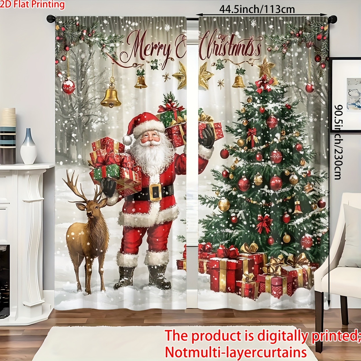 2pcs, 2d Flat Print Polyester Material Hd Digital Printing Christmas Theme Santa Claus Gift Pattern Printed Blackout Curtains With Rod For Bedroom, Living Room, Office And Home Decor