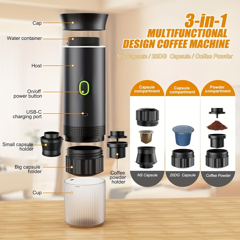 Macchina per caffè espresso portatile 3 in 1 elettrica autoriscaldante, mini caffettiera da 19 bar per viaggi, campeggio ed escursionismo