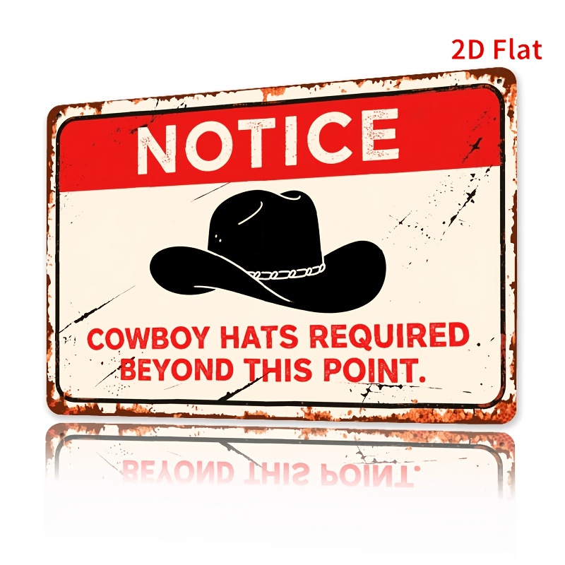 TEMU 2d Flat Notice Cowboy Hats Required This Point Vintage Red White Rectangular Wooden Hanging Sign Retro Distressed Rust Edge Cowboy Hat Fun