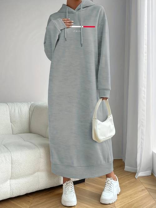 1pc womens winter thickened long over knee hooded sweatshirt dress casual polyester fabric with pockets alphabet pattern adult loose fit hoodie
