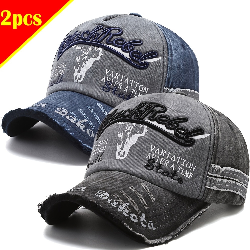 Image of 2pcs Men's Spring/summer Vintage Embroidered Washed Baseball Cap, Vintage Duckbill Cap, Casual And Fashionable Hip-hop Cap, Outdoor Adjustable Baseball Cap, Suitable For , Suitable For Men And Women