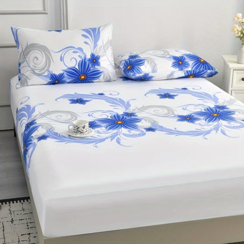3pcs Elegant Orchid Fitted Sheet Set, Includes 1 Fitted Sheet + 2 Pillowcases, No Filler, Suitable For , For Home, , Hotel Use, Home Textile Bedding, Single/double Size, Universal For
