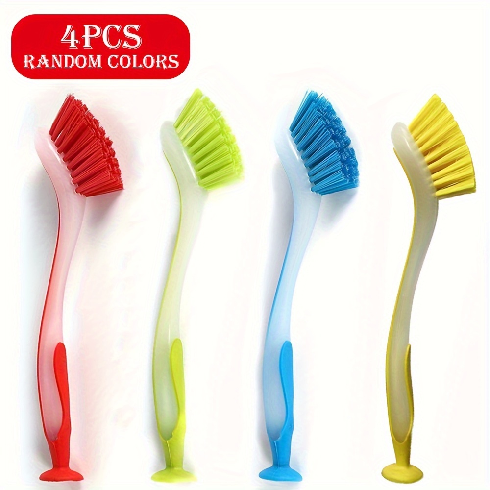 Image of Random /2/3/4pcs Dishwashing Brush With Suction Cups | Optional Set, Kitchen And Bathroom Scrubbing Brushes, 4 Different Colors With Handles, Soft Bristles, Suitable For Kitchen And Bathroom Cleaning