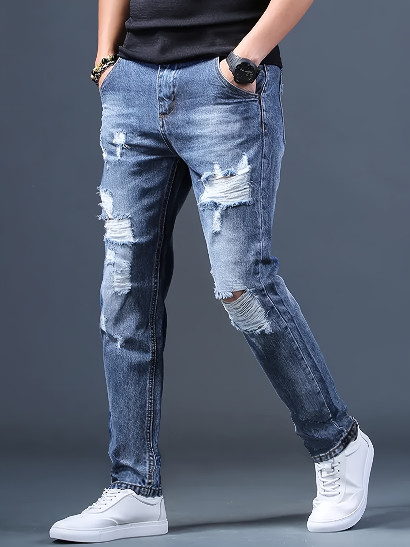 Klassieke Rechte-Leg Jeans voor Heren - Verweerd Denim, Niet-Rekbaar, Machinewasbaar - Veelzijdig Blauw voor Alle Seizoenen 0