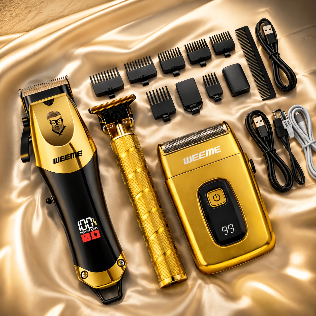 Image of Weeme 3pcs Kit Black Usb Rechargeable Hair Clipper + T-type Trimmer + Shaver, Lcd Display & Textured Design, Perfect Gift For Father, Son, Brother, Or Friend!