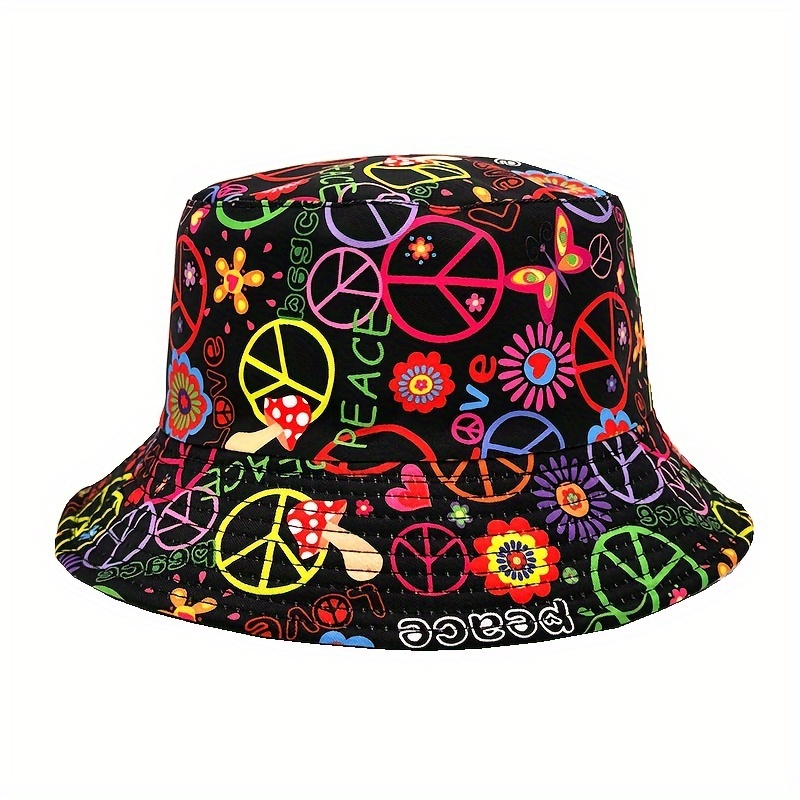 Love And Peace Logo Floral Print Reversible Bucket Hat - Lightweight Fashion Fisherman Cap, Unisex, Perfect For Parties And Outdoor Activities, Best Gift