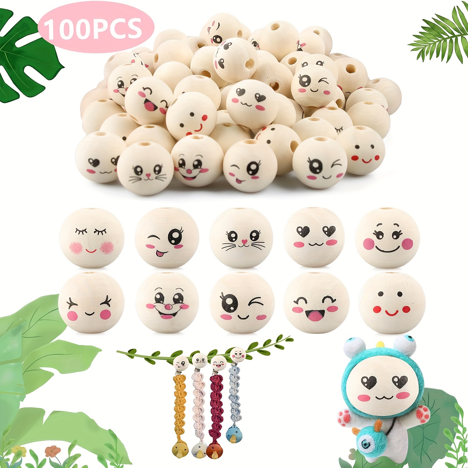 

100pcs Perles en Bois avec Visages Mignons, 20mm Perles en Bois avec Trous pour Bricolage, Projets de Crochet et Fabrication de Porte-clés