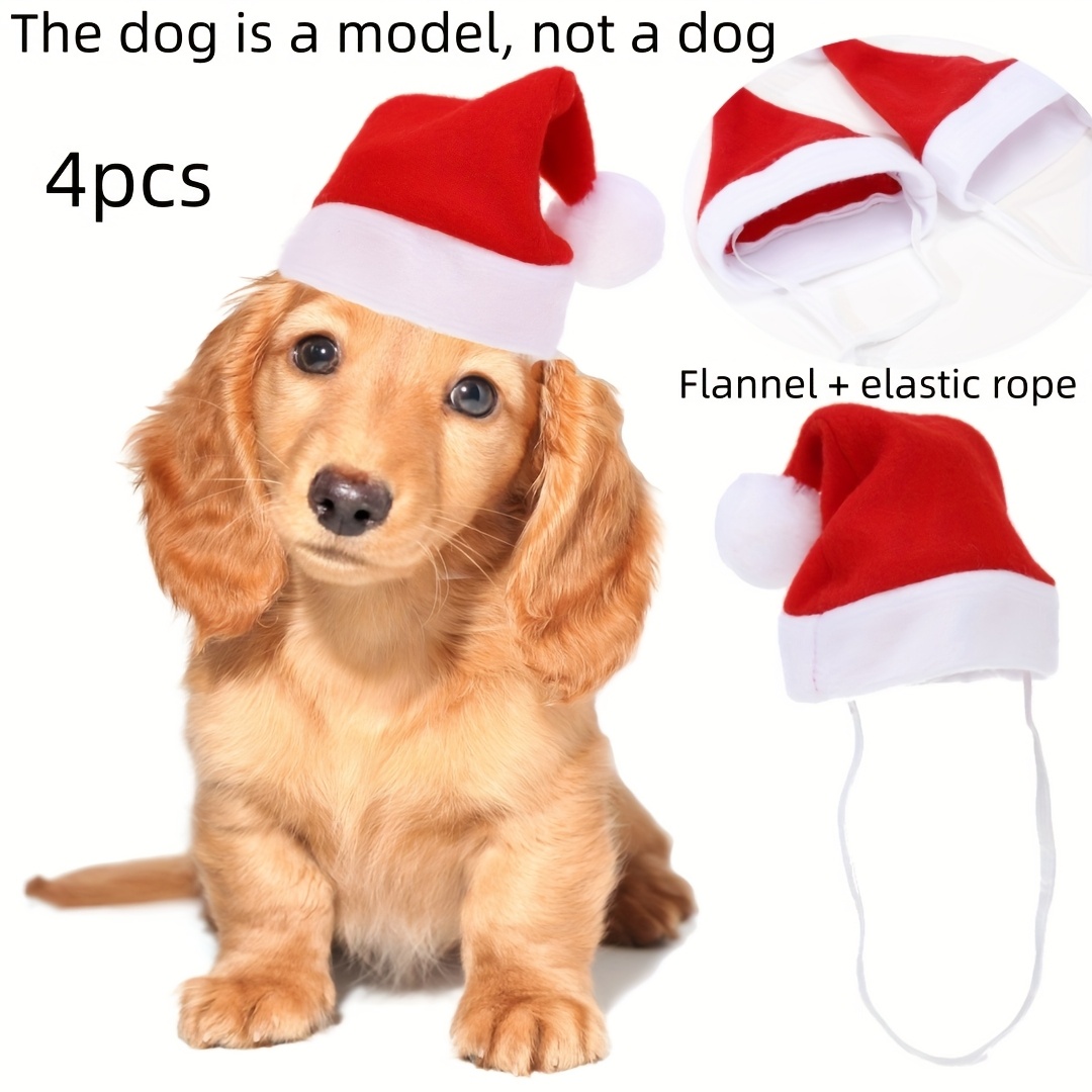 TEMU 4pcs Pack Adjustable Dog Santa Hat Suitable For Dog Sizes (xs////xl) - Breathable Polyester Winter Hats, Comfortable Pet Costume For Christmas,