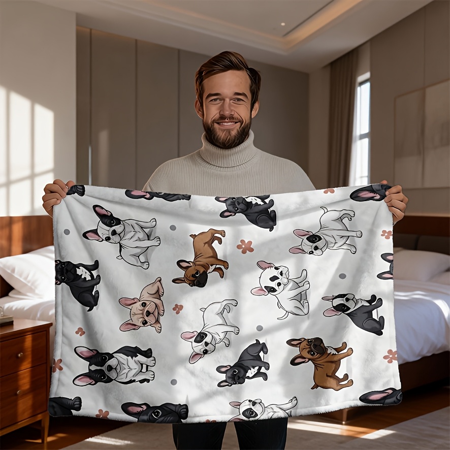 TEMU 1pc Couverture en Peluche Confortable à l'Imprimé Bulldog de Style Français - Légère, Douce en Flanelle de avec Design de Chien Cartoon, Adaptée