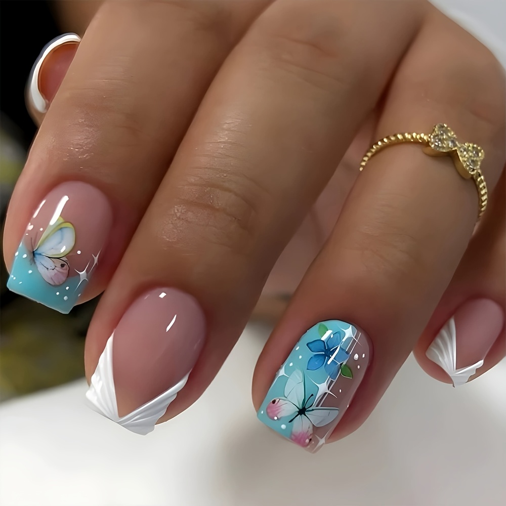 TEMU Stickers d'ongles portables pour célébrités 24pcs Courts Carrés Nail Art Ongles portables Blancs Obliques Papillon Étincelant Frais Élégant