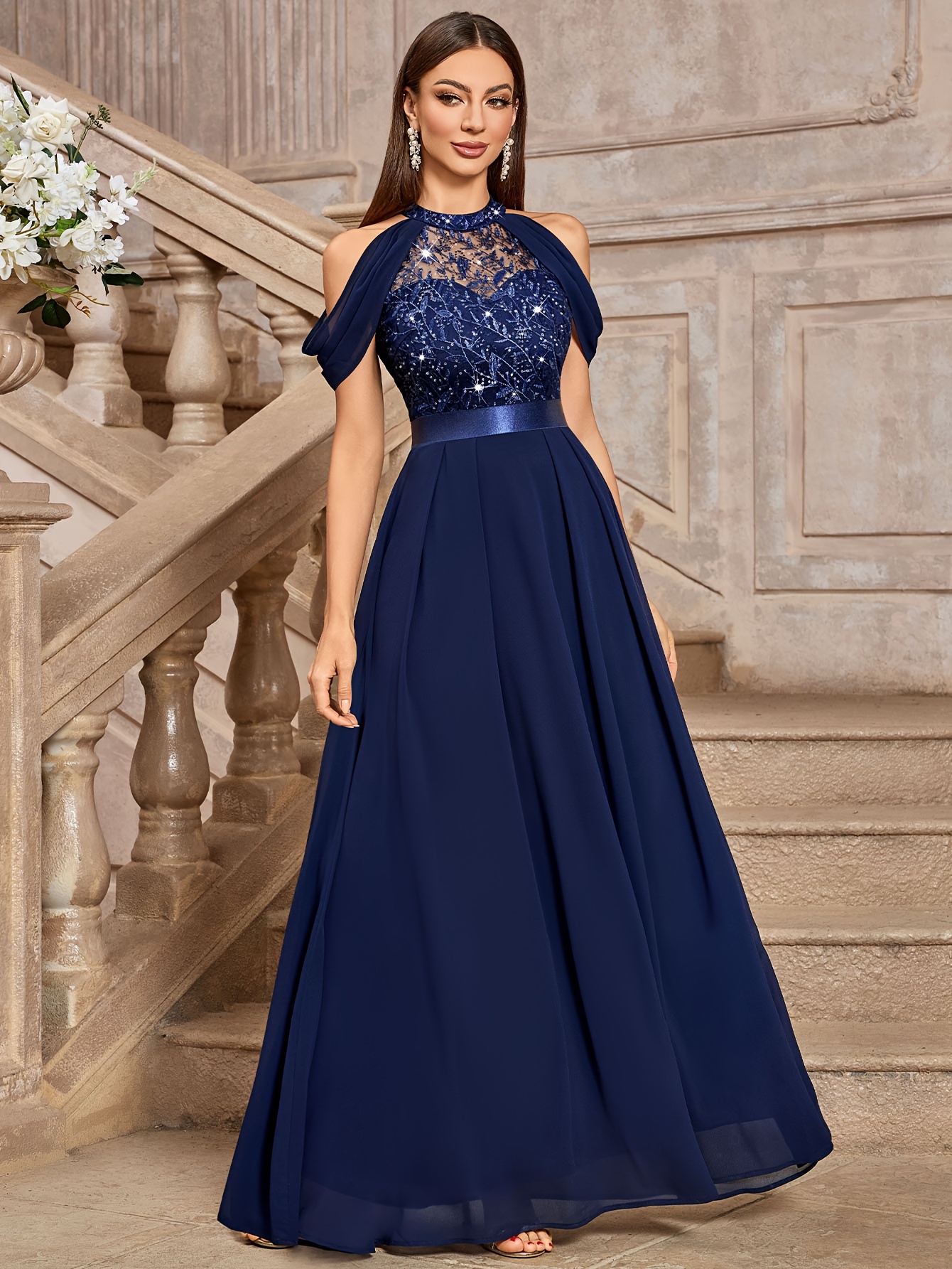 24413a womens elegant halter embroidered lace chiffon maxi