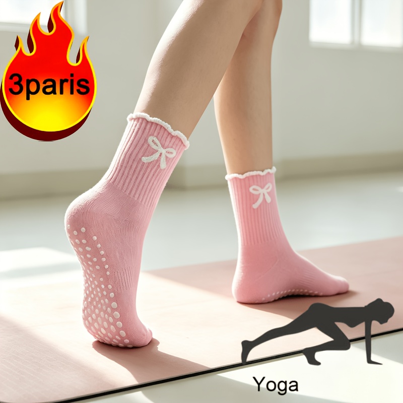 TEMU 3 Paires/Ensemble, Chaussettes de Yoga pour Femmes avec Nœuds, Chaussettes de Sol de Sport Mignonnes , Couleurs Aléatoires Expédiées
