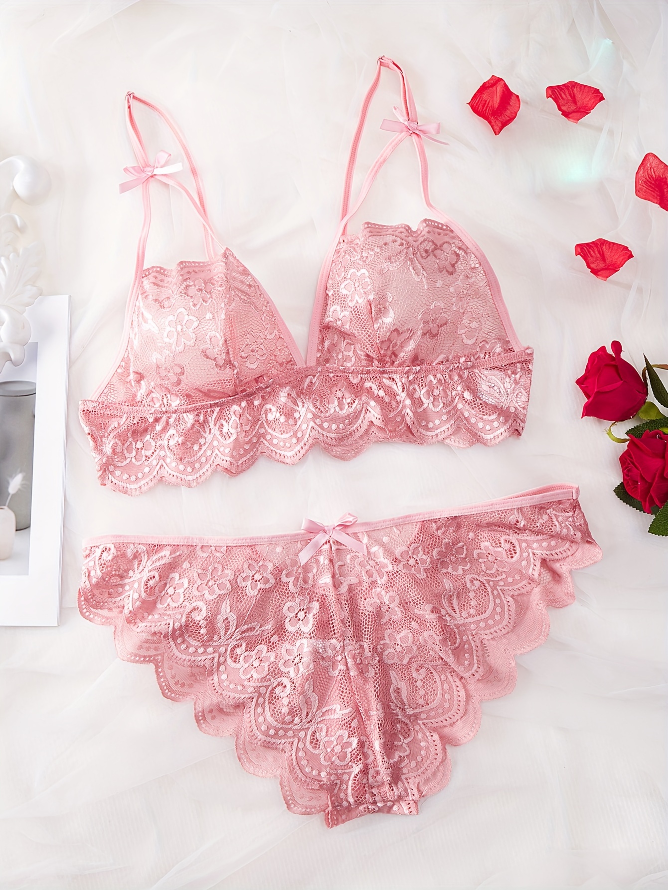 Plus Floral Lace Bow Decor Lingerie Set