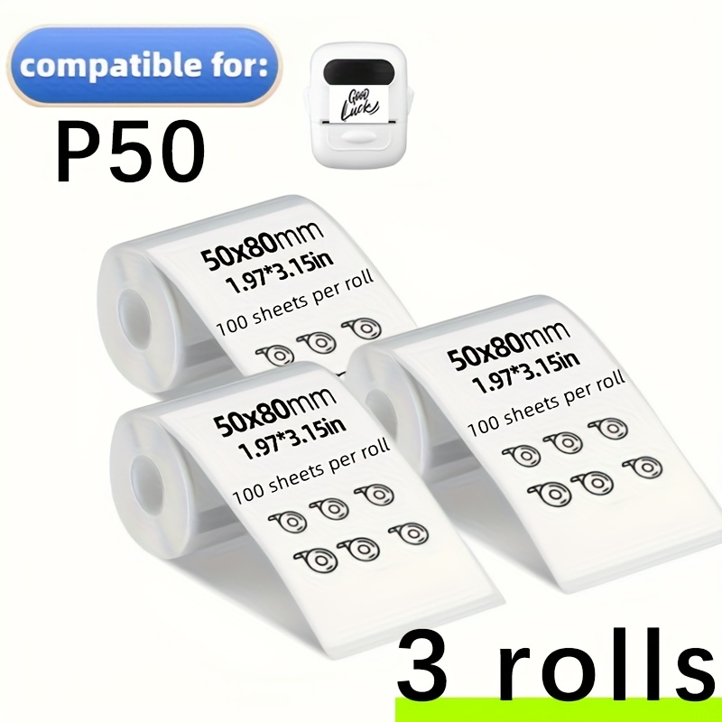 TEMU 3 Rolls Of Self-adhesive Labels, 50x80mm (1.97x3.15in), White With , Clothing Tags & Home Use, Compatible With P50 Label Printer, Bbshan Brand,