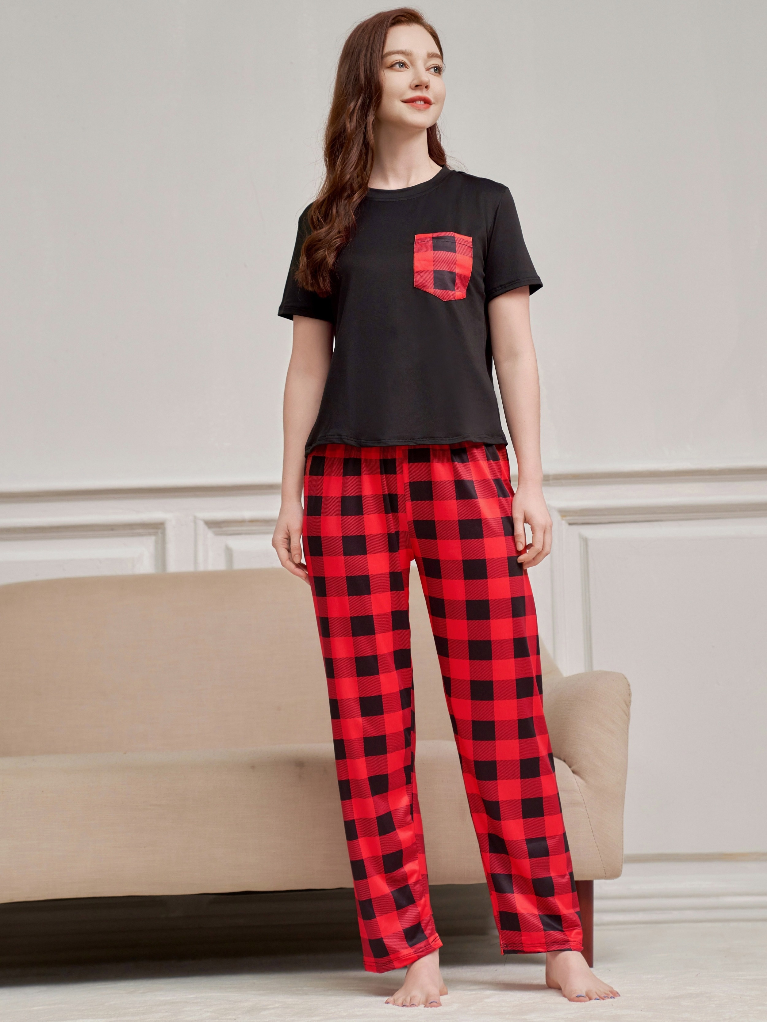 Moda Pantalon Mujer Cuadros Rojos Pijama Mujer Pijama De Mujer