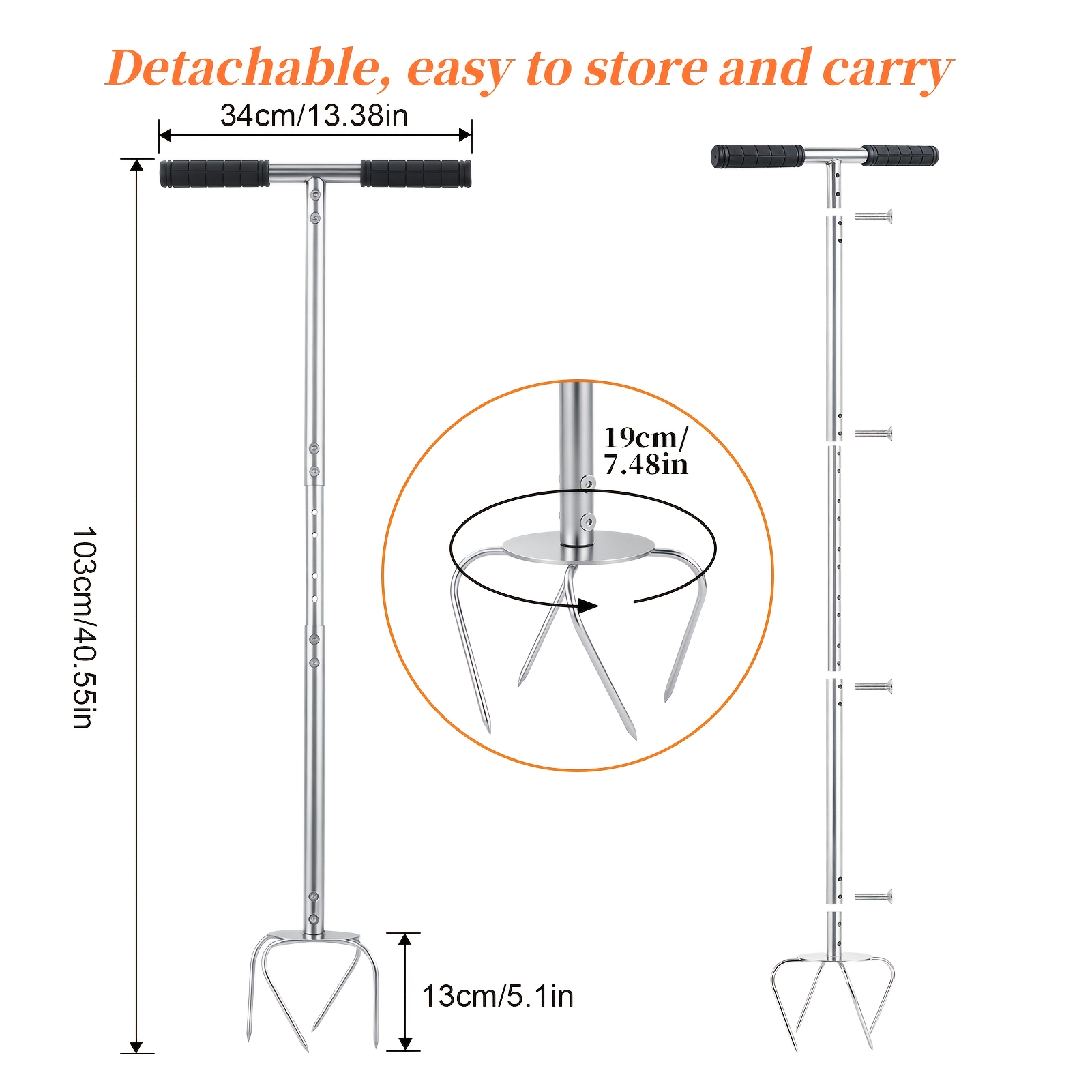 Image of Adjustable Garden Soil Claw With 3-claw Design & Stainless - Detachable Height-adjustable Hoe Suitable For Soil Loosening, Weeding, Planting For Gardens, , Vegetable Gardens - Labor- Essential