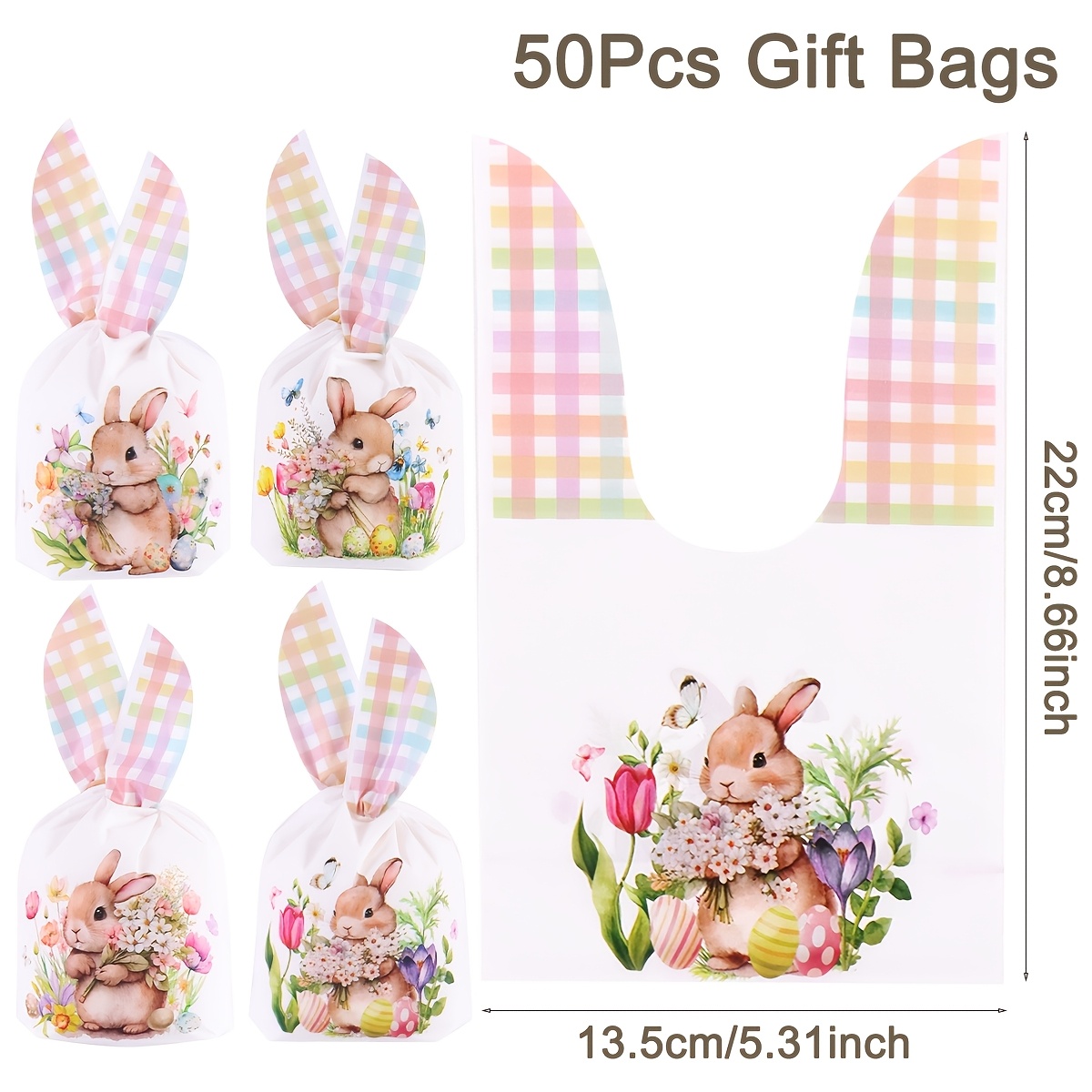 Image of 50pcs Gift Bags, Rabbit Ears Cellophane Treat Bag, Rabbit Floral Tulips Pattern Designs, Perfect For Holiday Present Wrapping, Jewelry Storage, Easter Party Supplies, Gift Packaging Bag