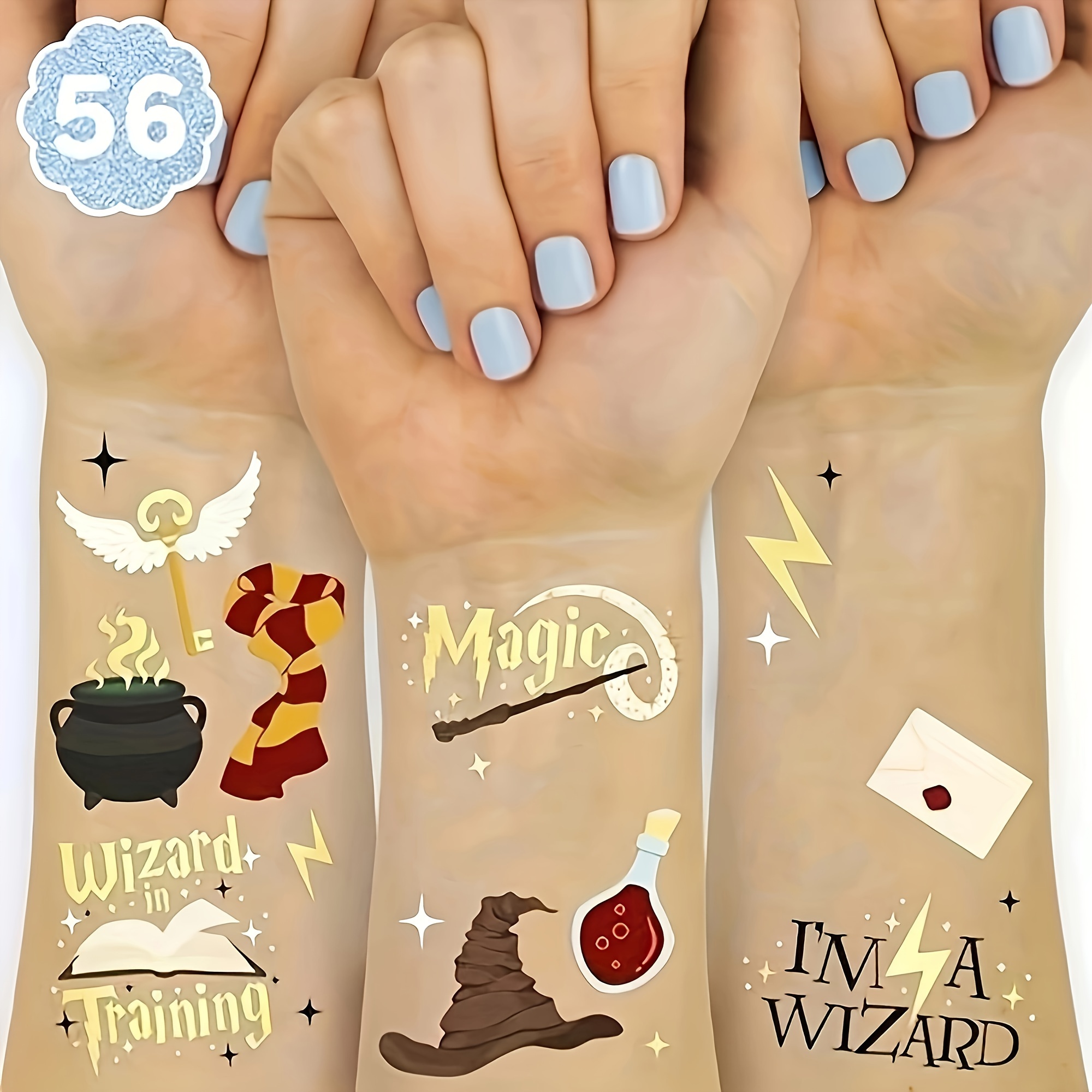 

Temporary Tattoo Set With 56/112 Designs, Gold Foil Stickers, Wizard Hat, Magic Wand, Party Decorations For , Birthday, And Themed Events