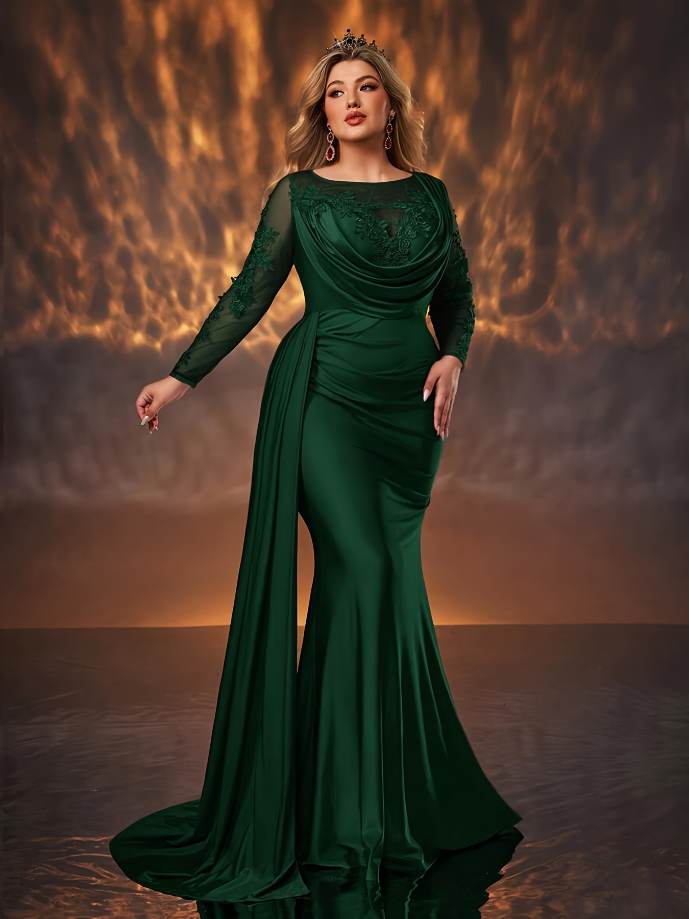 Plus Size - Plus Size - Plus Size Dark Green Lace Tulle Mermaid Gown with a  Long Train, Elegant And Flattering Evening Dress for Parties And Formal  Events