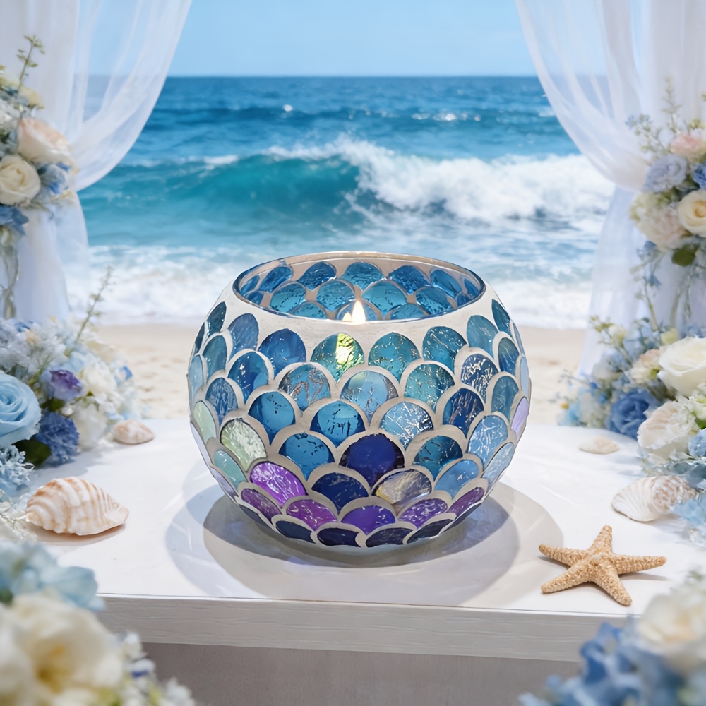 TEMU Bougeoirs votifs avec motif mosaïque d'écailles de poisson - Bougeoir méditerranéen en verre pour décoration de fête d'été, bougeoirs pour