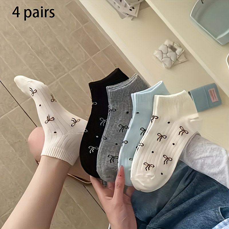 TEMU 4 Pairs Women's Spring Summer Cute Polka Dot Ankle Socks, Soft Breathable Ribbed Edge, Casual Socks, Suitable For Casual Wear, Comfortable