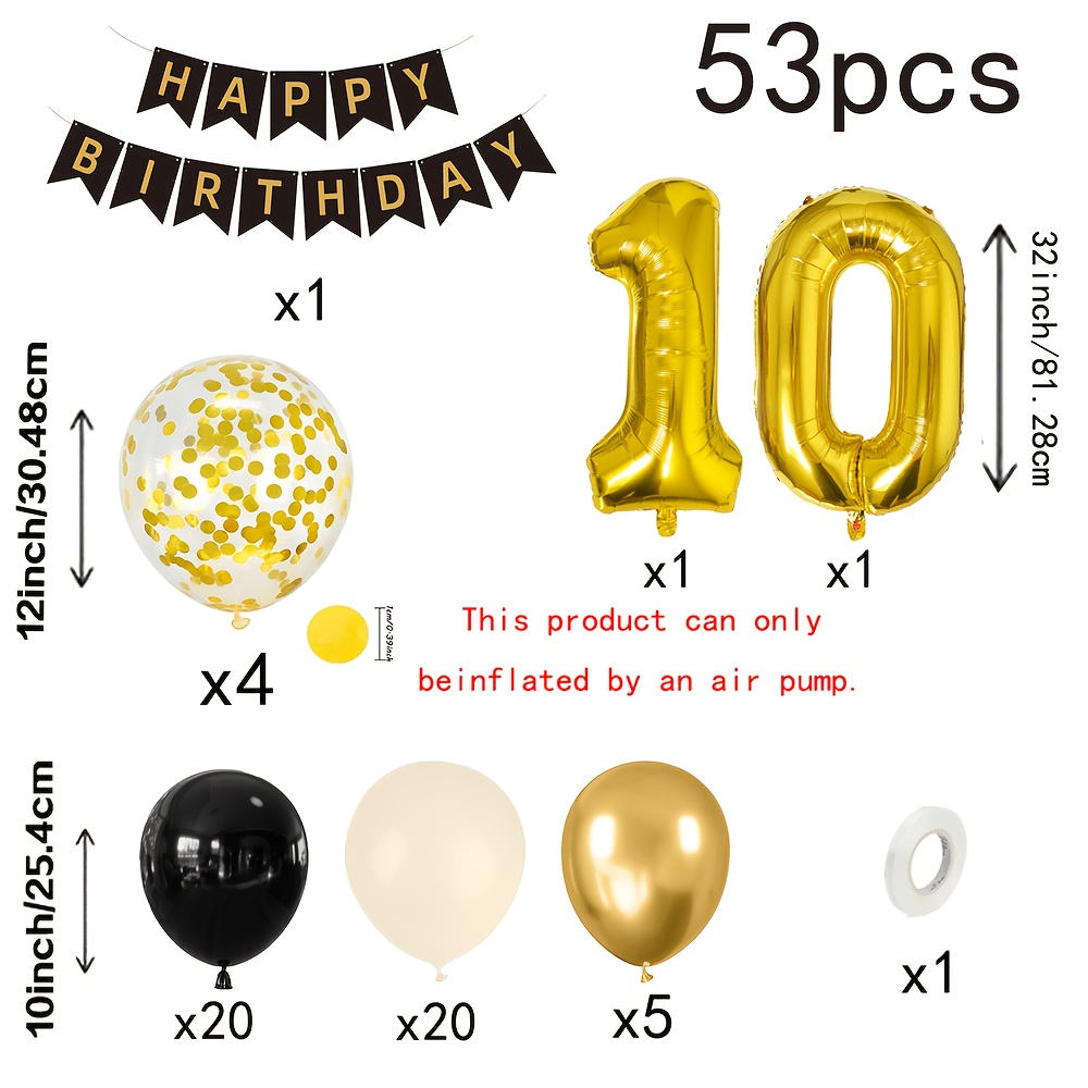 TEMU Ensemble de ballons de décoration pour le 10e anniversaire avec 53 ballons de noirs et dorés. Ensemble de ballons d'anniversaire avec film