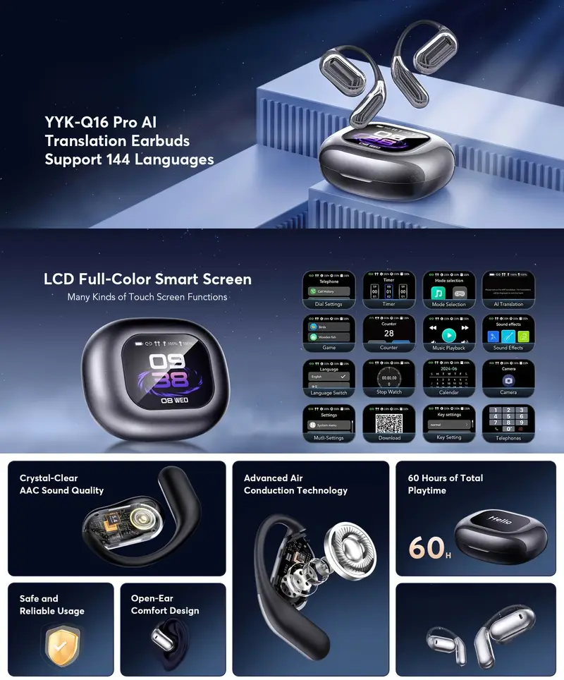 wireless earphones ai translation earphones open wireless earphones open wearable stereo 5 4 earphones ai translation earphones independently operable lcd charging compartment ai real time translator permanently free translation compatible with ios systems and other multi uses Product details 0
