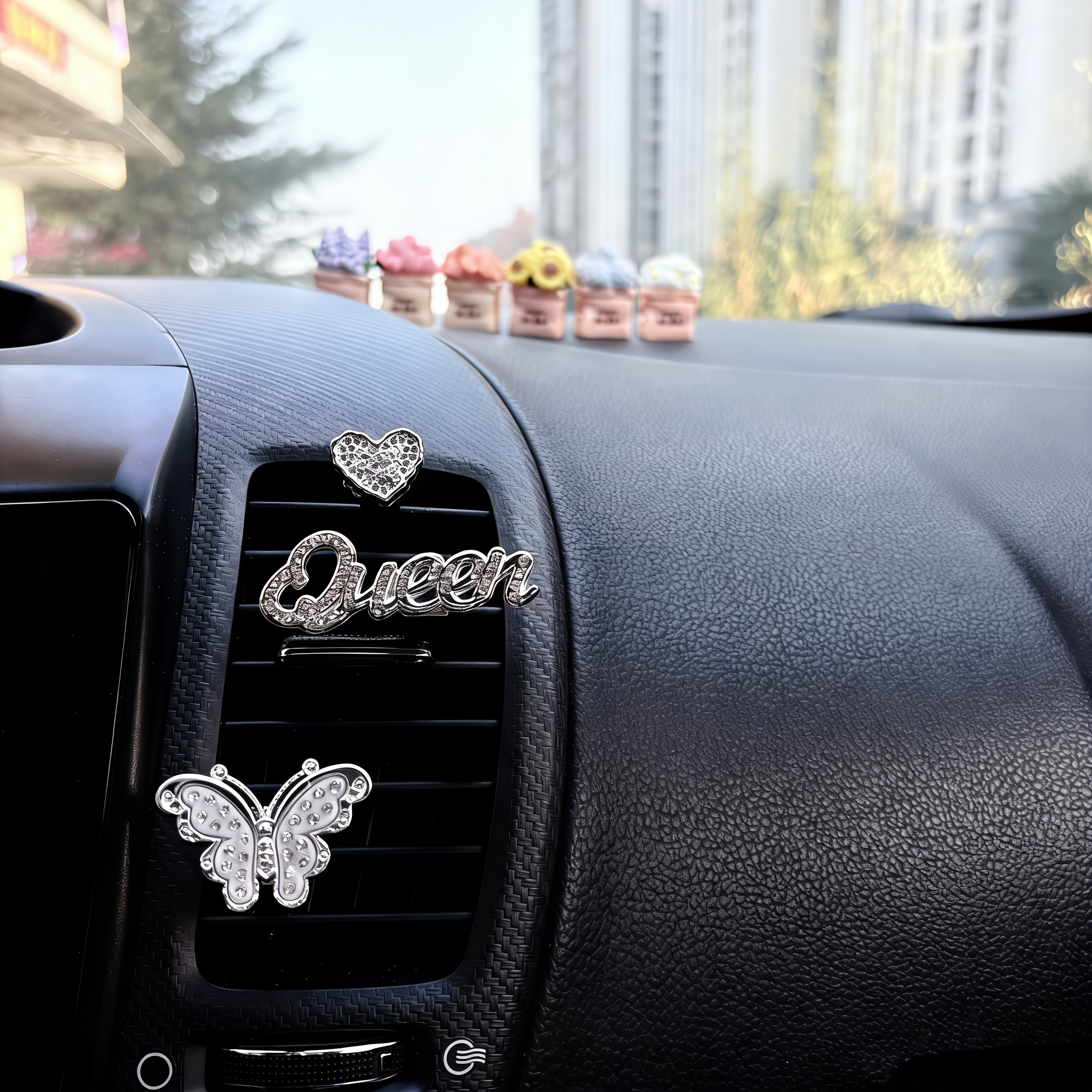 TEMU 3 pièces Pinces Décoratives Papillon Reine Cœur en Strass, Parfum, Pinces pour Ventilation de Voiture, Décorations pour Ventilation de Voiture
