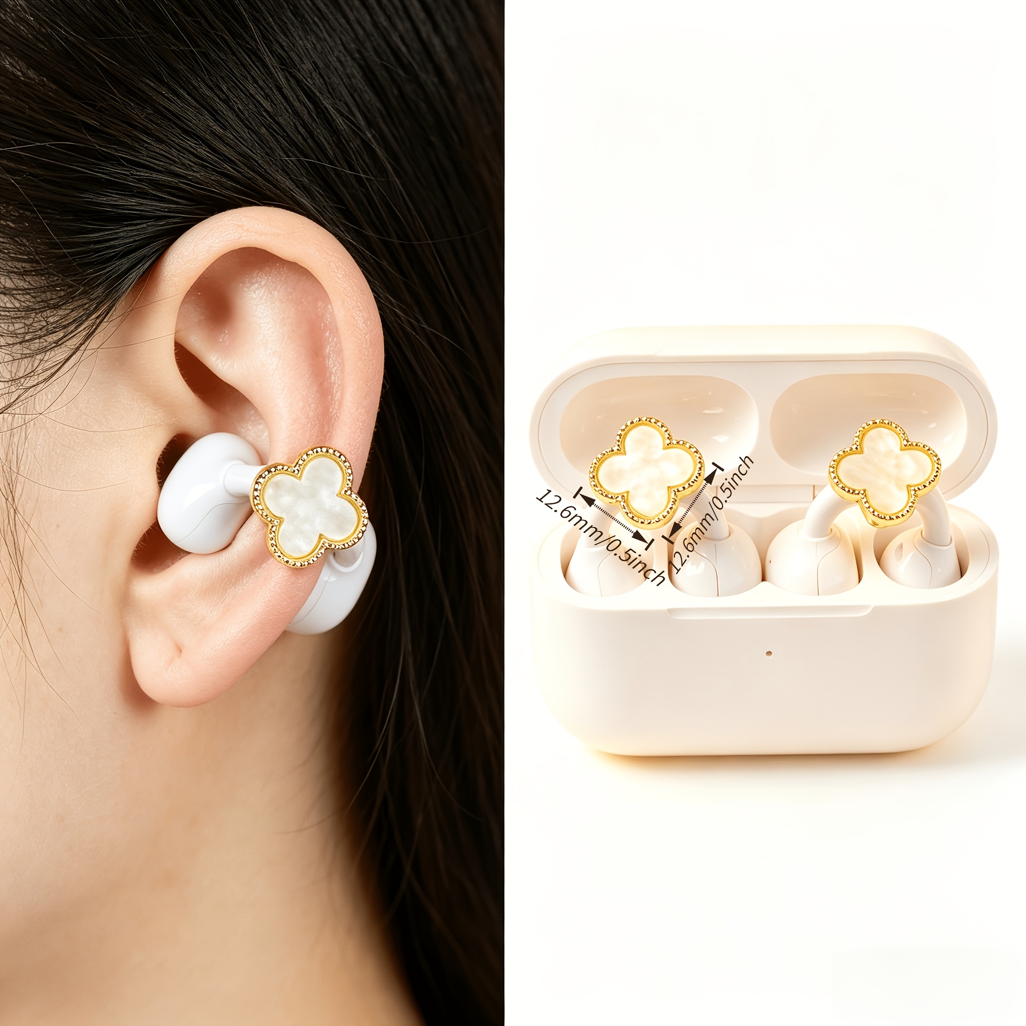 TEMU Single Pack Clover Mother-of-pearl Anti-loss Ear Jewelry, Design, Compatible With Earphones, Sports Commute Anti-slip Anti-drop Ear Clip